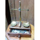 SET OF 19TH CENTURY SCALES ON MAHOGANY BASE & VARIOUS WEIGHTS