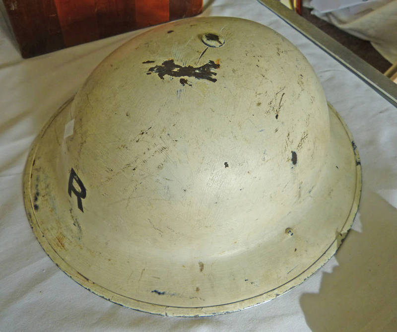 AIR RAID HELMET PAINTED WHITE WITH "R" TO FRONT AND STAMPED J.S.S.