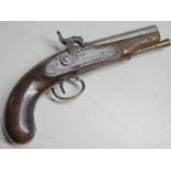 A 50 BORE PERCUSSION PISTOL BY CLARBROUGH WITH OCTAGONAL BARREL AND ENGRAVED MOUNTS AND TRIGGER