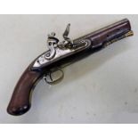 A 19TH CENTURY 14 BORE FLINTLOCK PISTOL BY BRANDER AND POTTS LONDON WITH 15CM LONG TAPERING BARREL,