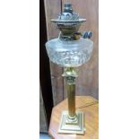 19TH CENTURY BRASS COLUMN PARAFFIN LAMP WITH CUT GLASS BOWL