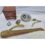 VARIOUS MILITARY ARTEFACT'S INCLUDING SPURS, BRASS CASED COMPASS, BRASS LOCK,