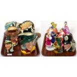 Seven Royal Doulton character jugs, seven Royal Doulton figures, Royal Worcester group and a Royal
