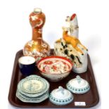 Miscellaneous pottery and porcelain including Staffordshire stag and hound flatback spill vase,