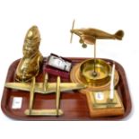 A Hurricane and a P-38 Lightning brass aeroplane model on stands, a Ronson lighter, and a brass