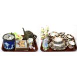 Two trays of decorative ceramics including a tea set, figural candlesticks, tiles, Wedgwood