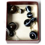 Two pairs of banded agate drop earrings and three simulated agate glass buttons