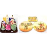 Royal Worcester figure, Queen Elizabeth (boxed), two Royal Doulton plates and oblong dish,