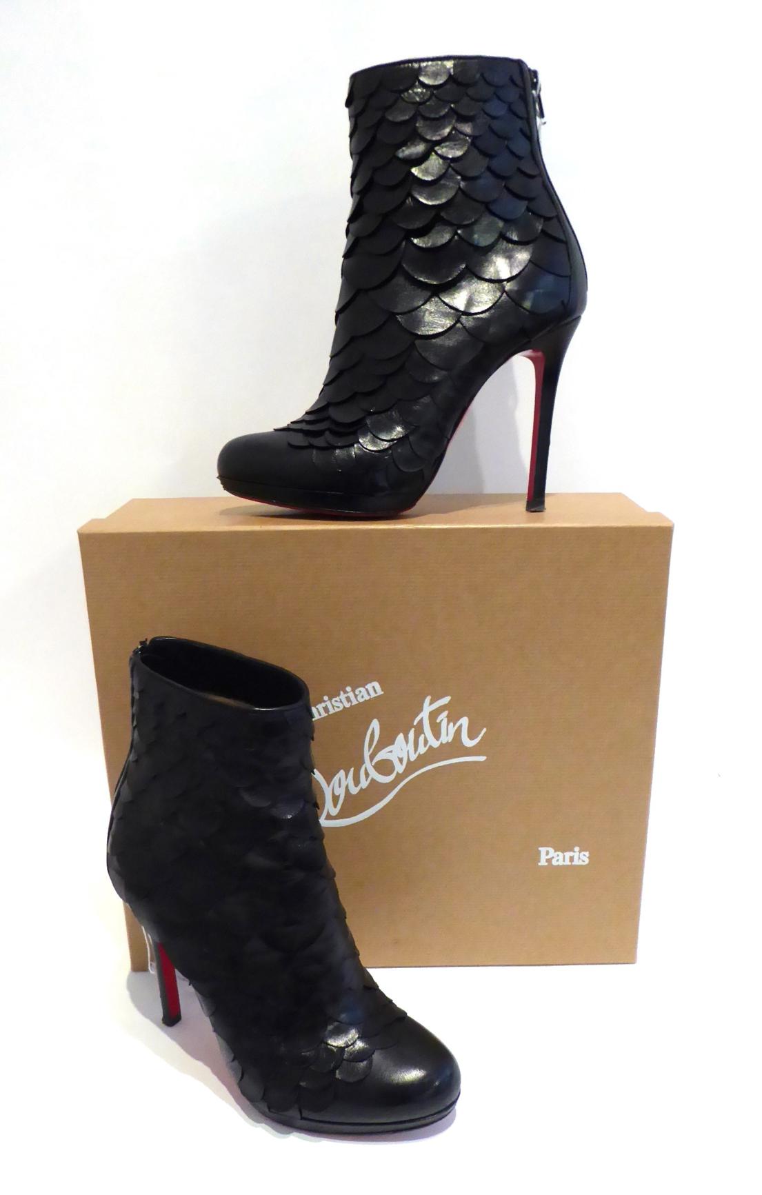 Pair of Christian Louboutin Black Leather 'Fish Scale' Textured Ankle Boots, (size 38), with origina