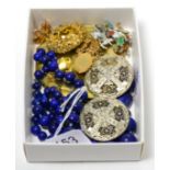 A lapis lazuli necklace, a pair of citrine earrings, an enamelled George and the dragon brooch, a