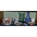 A quantity of 19th century ceramics including two Donovan plates and a glass vase engraved with a