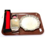 A plated tray, hinged box, jug and a white metal scroll holder