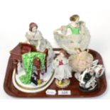 Four Continental lace figures together with an elephant form porcelain snuff box (a.f.)