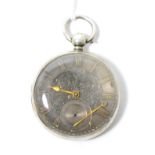 A silver pocket watch with engraved dial