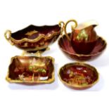 A group of Carlton Ware 'Rouge Royal' comprising a twin handle vase, a bowl, square dish, circular