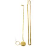 An 18ct gold band ring, finger size U, a 9ct gold rope necklace and a locket on chain 24.57g gross