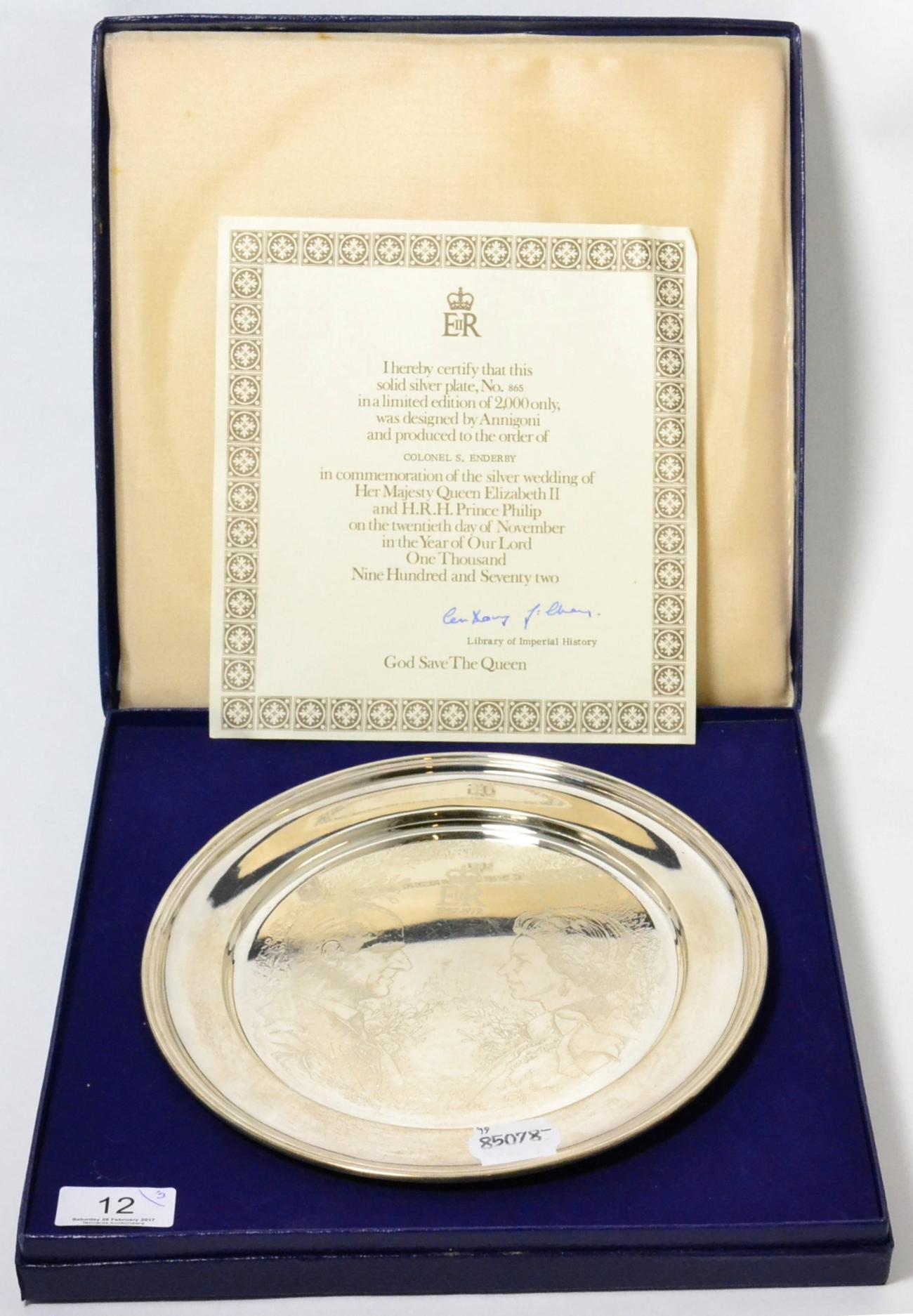 Silver plate for commemorating Queen Elizabeth II wedding 1972 (boxed) and a Royal Worcester gilt