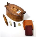 A Scandinavian beech box with sewing items