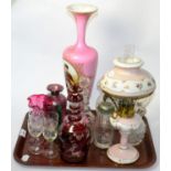 A quantity of Victorian and later glass including a pink vase painted with a vignette of a child,