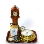 A miniature oak cased longcase clock, a brass carriage timepiece, barometer, and three other clock/