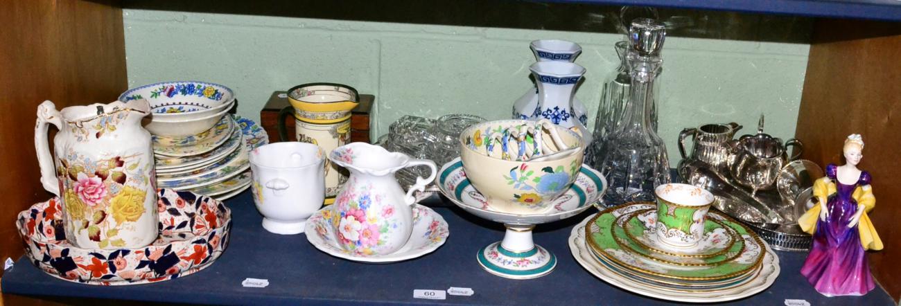 Royal Doulton figure, jug, Mason, Ironstone, tea caddy, various ceramics, glass and a silver plate