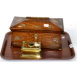 A 19th century banded agate cabochon mounted brass inkwell together with a Regency sarcophagus