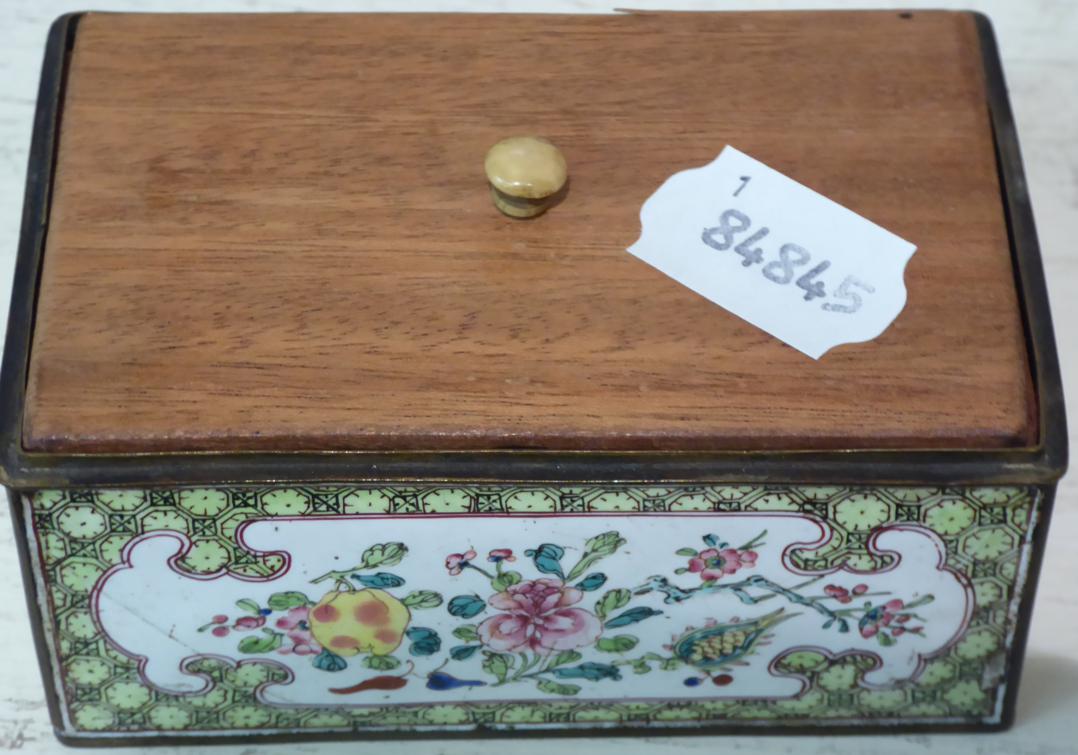 A Cantonese enamel box and cover with floral decoration, some losses - Image 4 of 6