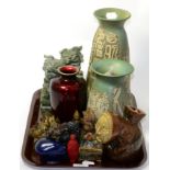 A quantity of Oriental items including a pair of Japanese studio pottery vases decorated with