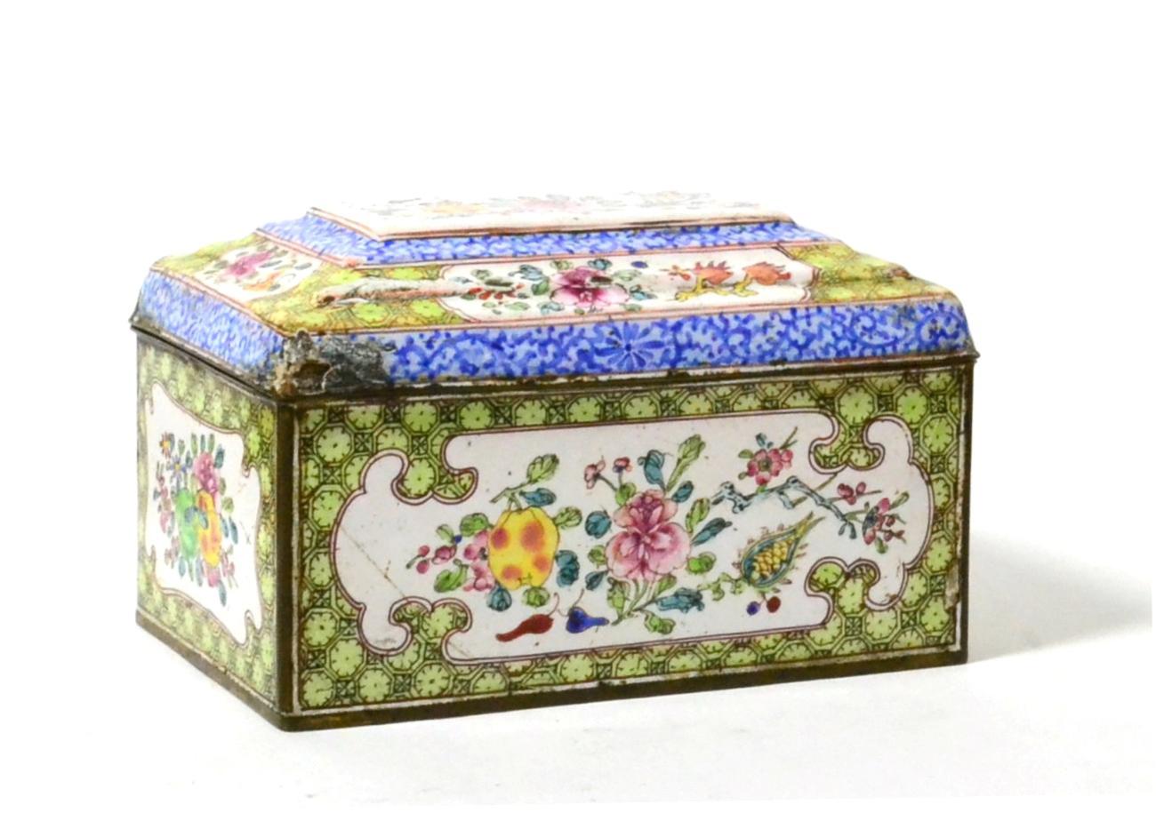 A Cantonese enamel box and cover with floral decoration, some losses