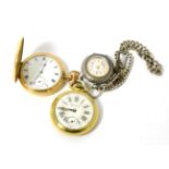 A gold plated Waltham pocket watch, gilt metal pocket watch and a lady's fob watch with case stamped
