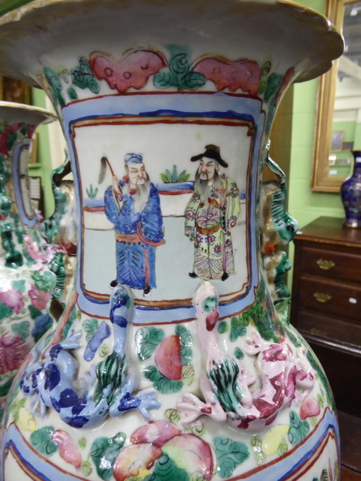 A pair of late 19th century Chinese famille rose vases (restored) Both vases extensively restored. - Image 4 of 7