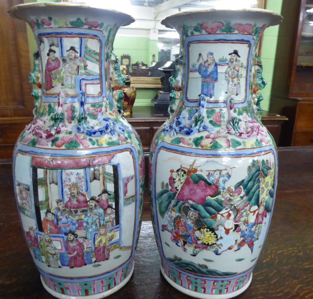 A pair of late 19th century Chinese famille rose vases (restored) Both vases extensively restored. - Image 3 of 7