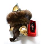 Two fur stoles, a pair of Rayban sunglasses (boxed), scarves, a Ralph Lauren silver plated desk tidy