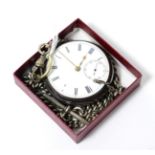 A silver open faced pocket watch with attached silver curb link chain