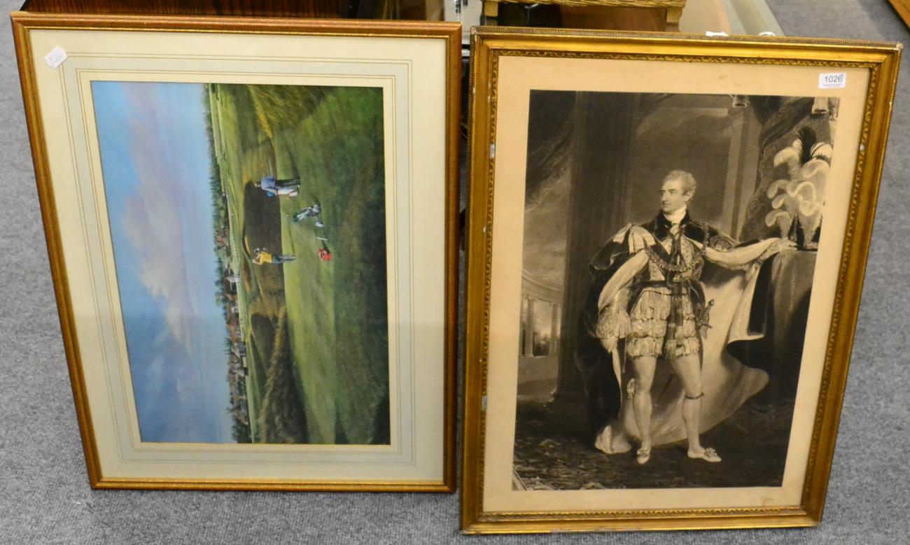 Mezzotint after Lawrence of Robert Stewart 2nd Marquess Londonderry and a large modern golfing print