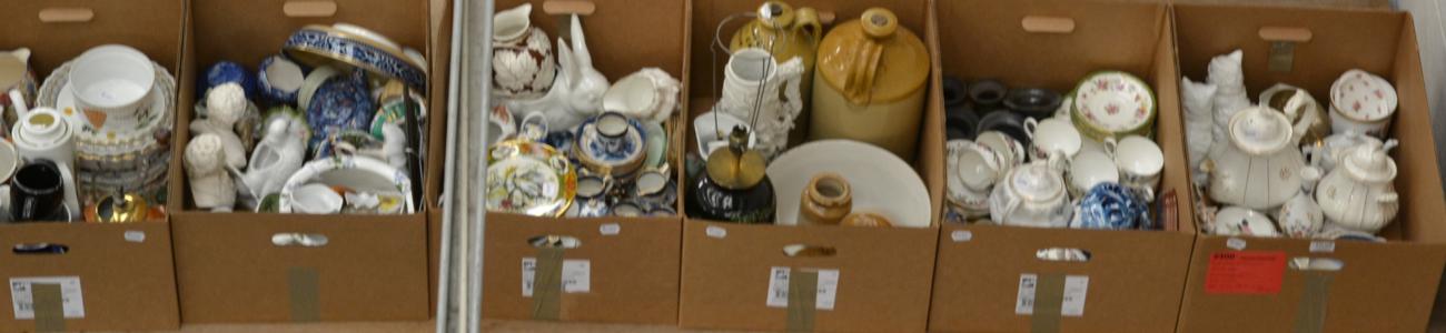 Thirteen boxes of miscellaneous ceramics and glass including Booths 'Old Willow' wares, Losol ware