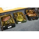 Three boxes of assorted brass and copper
