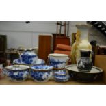 Sandringham England wash set (9)Sponge dish base with hairline crack. Chamber pot with staining to