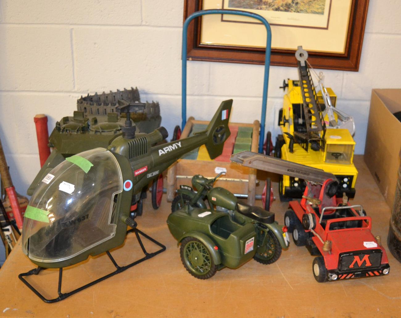 Action man tank and two other vehicles; Mamod and Meccano car and blocks on trolley