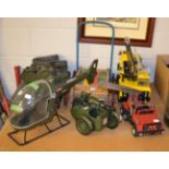 Action man tank and two other vehicles; Mamod and Meccano car and blocks on trolley