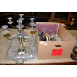 A quantity of silver plate including a pair of three branch candelabrum, a trave, entree dishes,