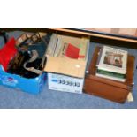 Various boxes, handbags, dressing table items, spode cake plate, Sanyo camcorder etc