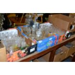 Three boxes of cut glass, decanters, vases, drinking glasses, etc