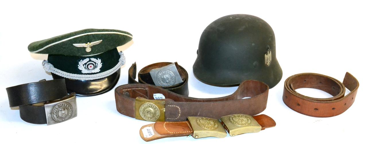 A German Third Reich Army EM's Belt, with steel buckle; another, with white metal buckle; an