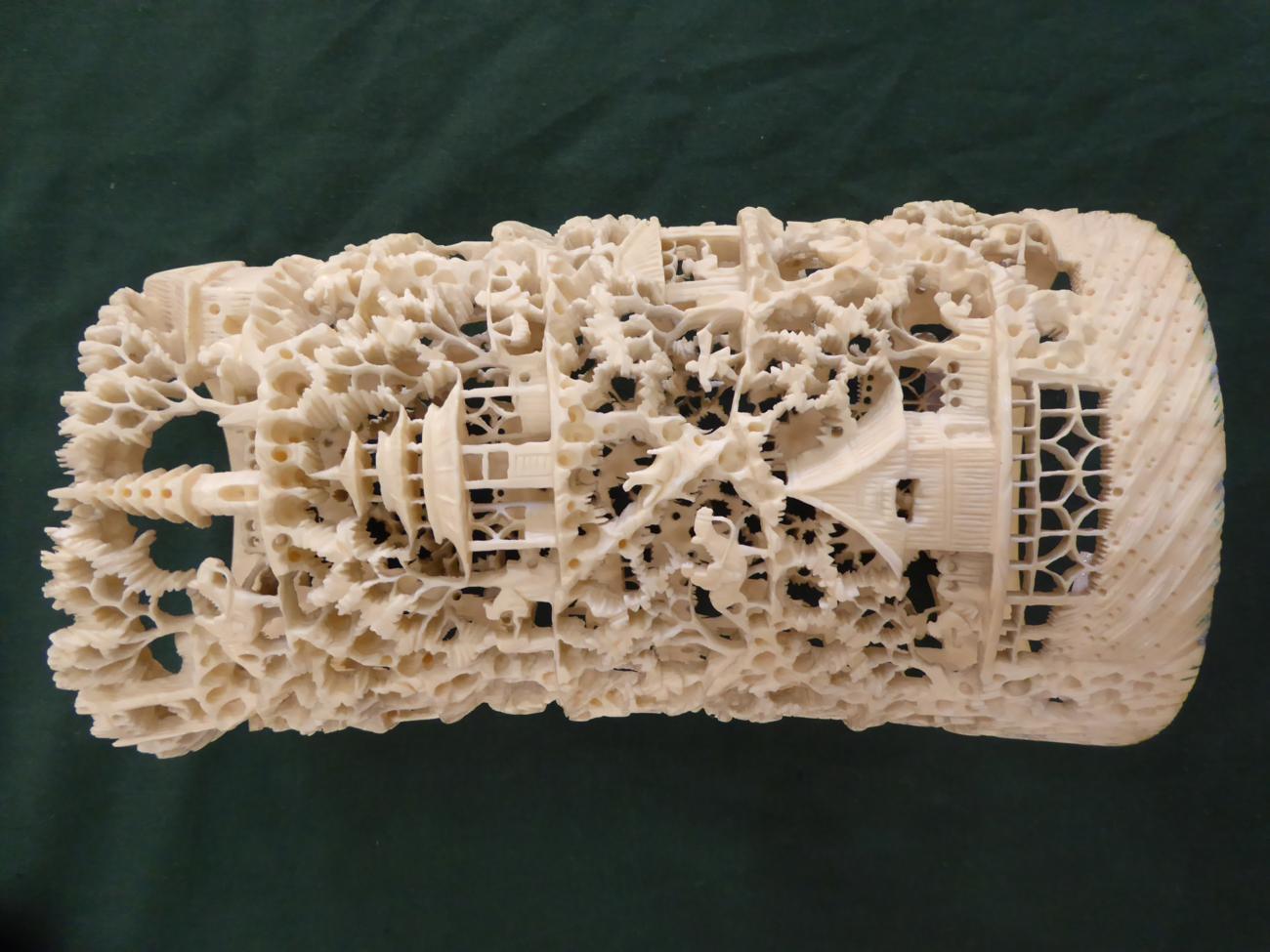 A Cantonese Ivory Tusk Vase, 19th century, intricately carved and pierced with figures amongst - Image 3 of 5