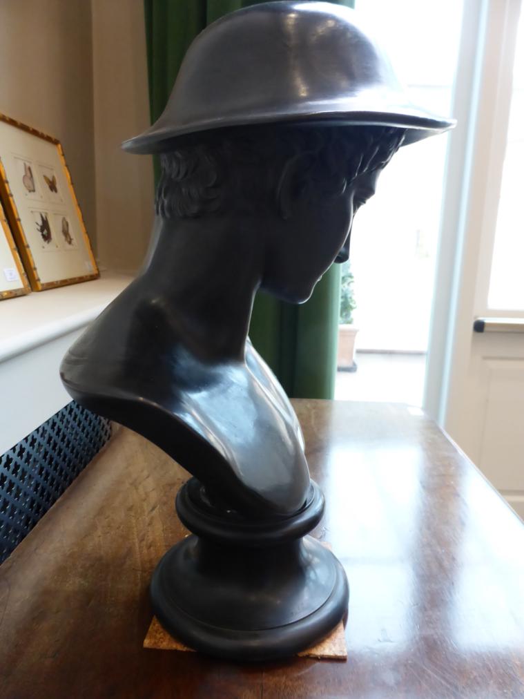 A Wedgwood Black Basalt Library Bust of Hermes, 1875, on a circular socle, impressed marks, 47cm - Image 2 of 7