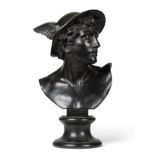 A Wedgwood Black Basalt Library Bust of Mercury, 1870, on a circular socle, impressed marks, 47cm