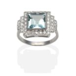 An Aquamarine and Diamond Ring, a square cut aquamarine within a stepped border of round brilliant