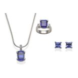 A Suite of Tanzanite Set Jewellery, including a tanzanite and diamond ring, with an emerald-cut