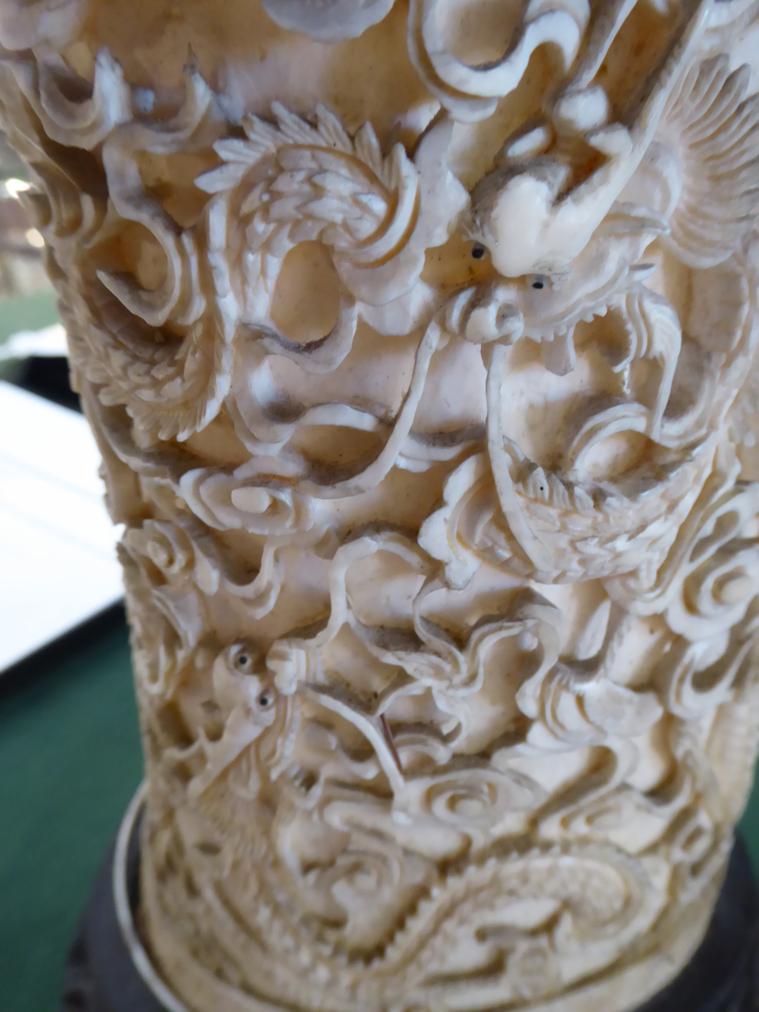 A Pair of Chinese Ivory Tusk Vases, mid 19th century, carved with dragons above a pagoda, on - Image 10 of 14